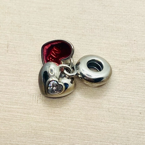 EUC Pandora 791244CZ Sterling Silver You & Me Heart Dangle Charm w/ Pink Enamel - Picture 6 of 9